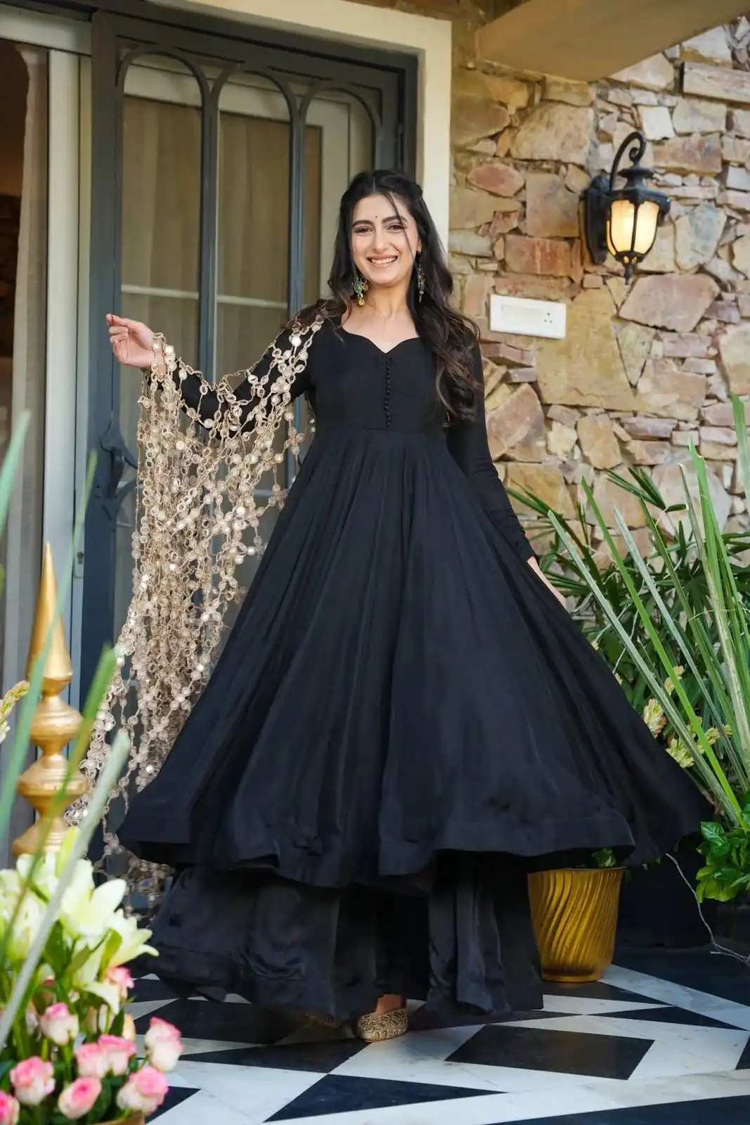Classic Black Roman Silk Net Mirror Dupatta Gown - Image 3
