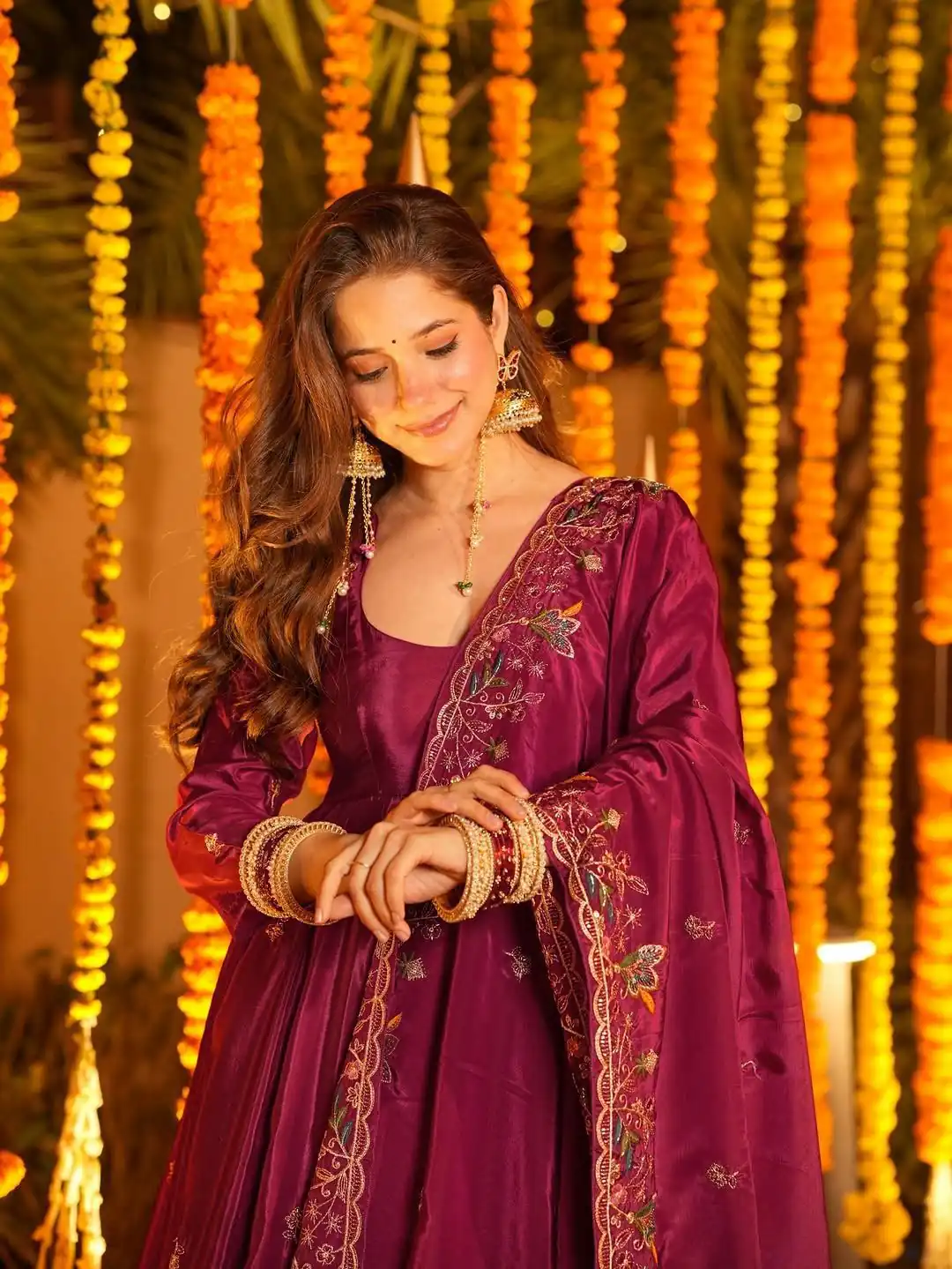 Red Natural Crap Silk Embroidery Work Anarkali Suit - Image 5