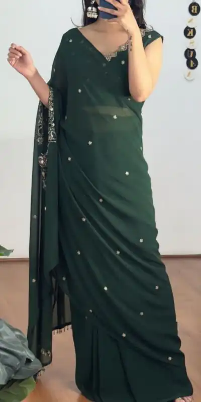 Green Faux Georgette Mirror Embroidery Work Saree