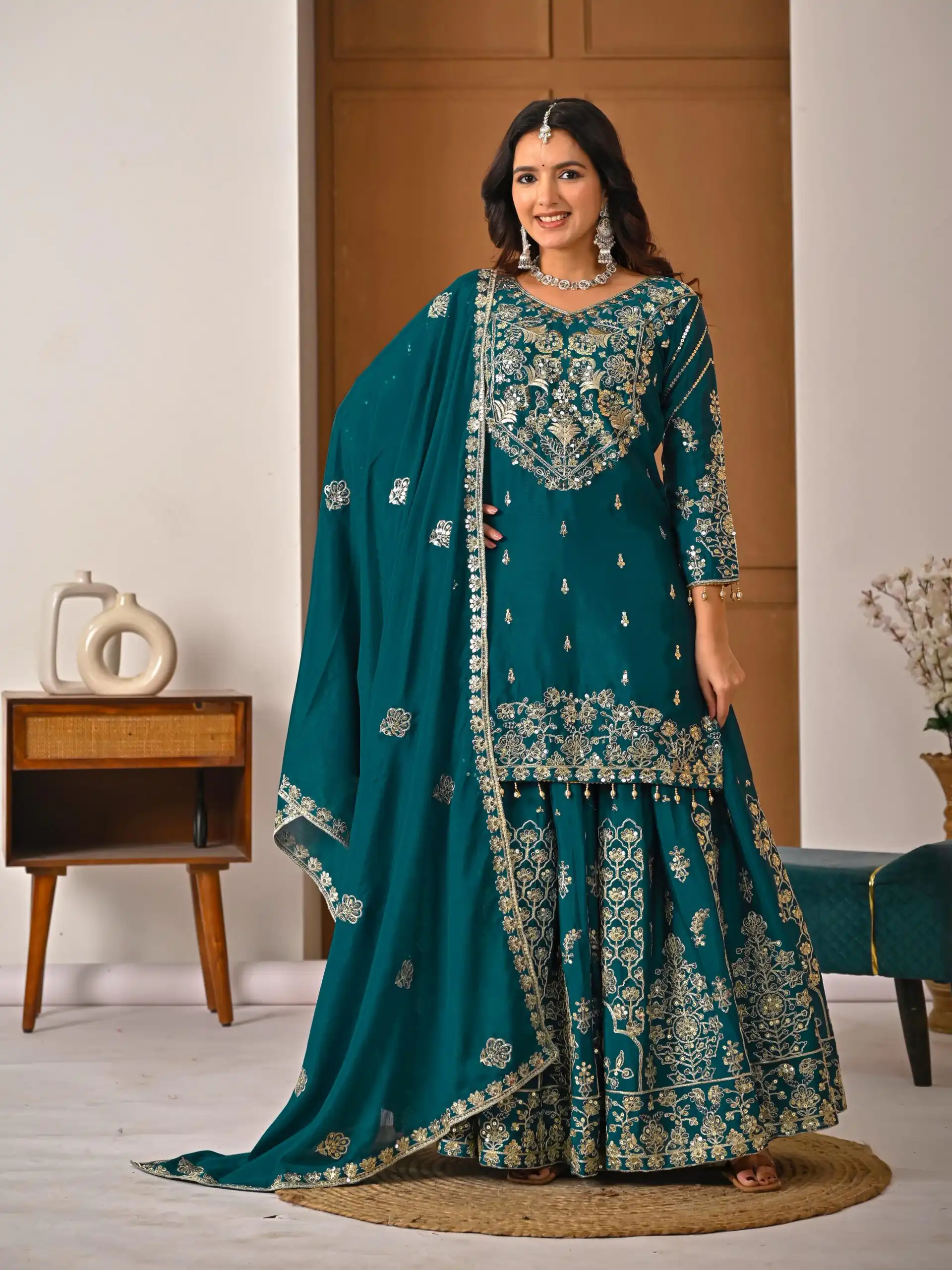 Teal Chinon Silk Embroidery Zari Work Lehenga Choli - Image 4
