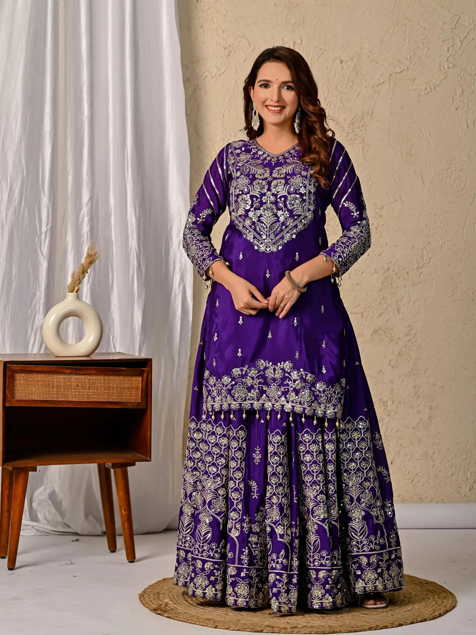 Dark Purple Chinon Silk Embroidery Zari Work Lehenga Choli - Image 4
