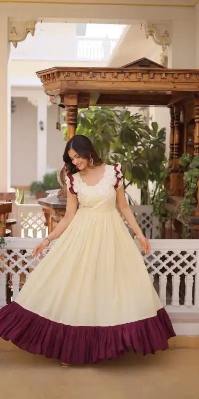 Cream Cotton Sequins Embroidery Work Gown