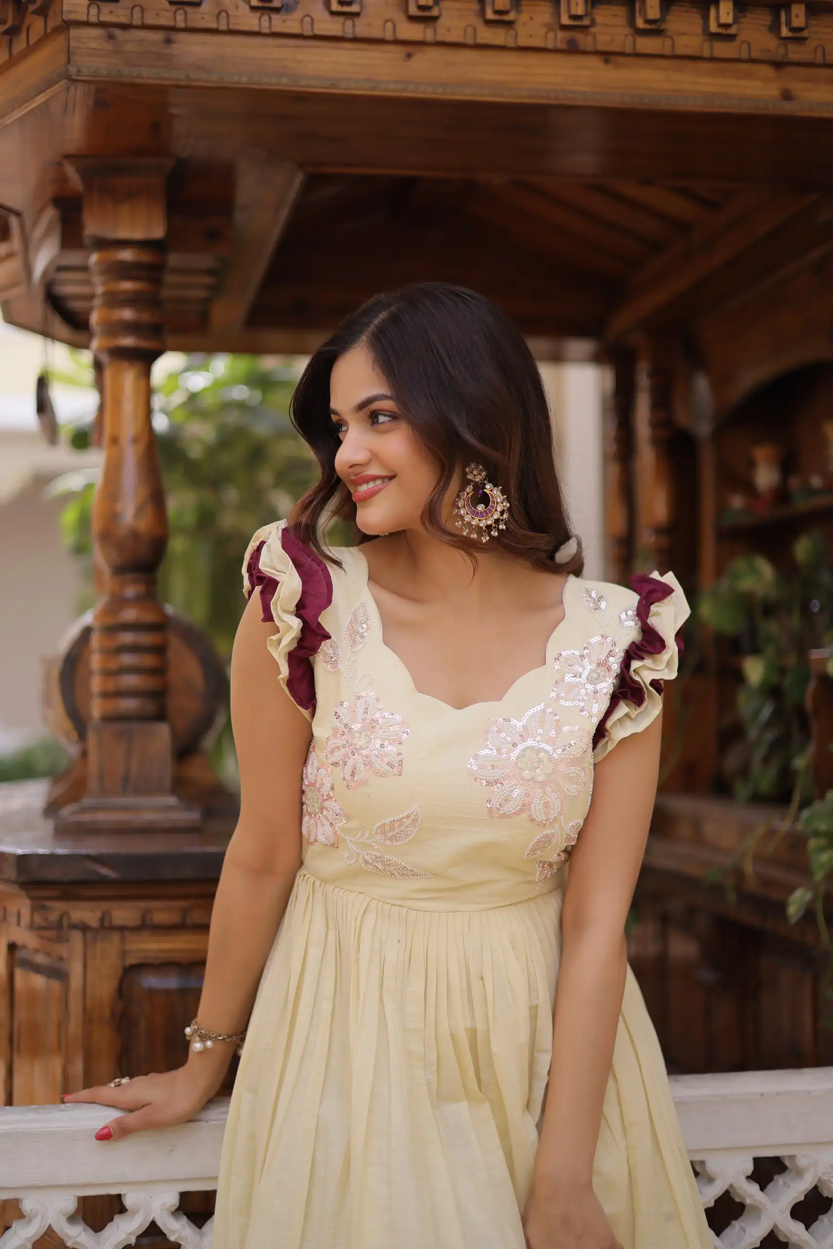 Cream Cotton Sequins Embroidery Work Gown - Image 2