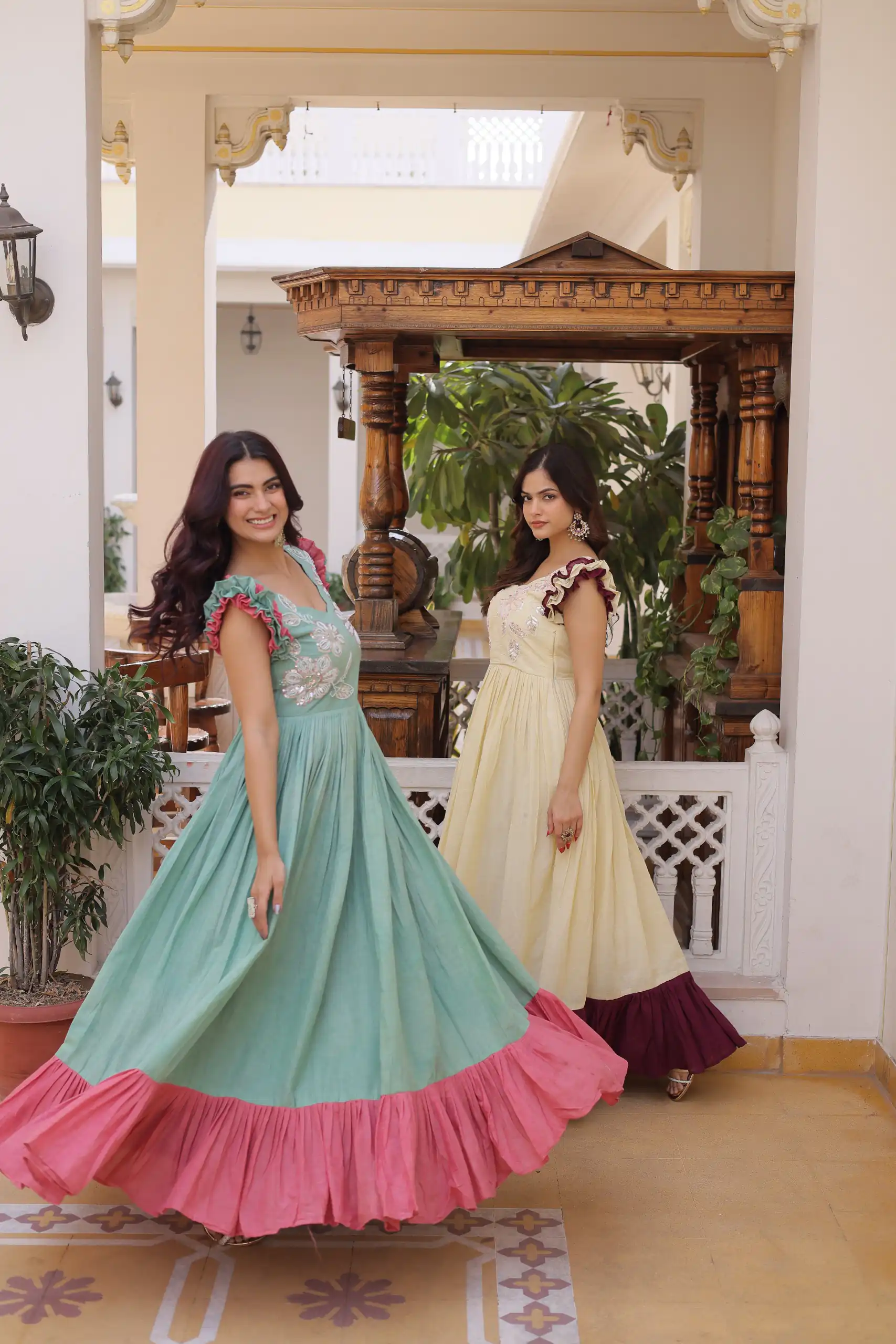 Sea Green Cotton Sequins Embroidery Work Gown - Image 5