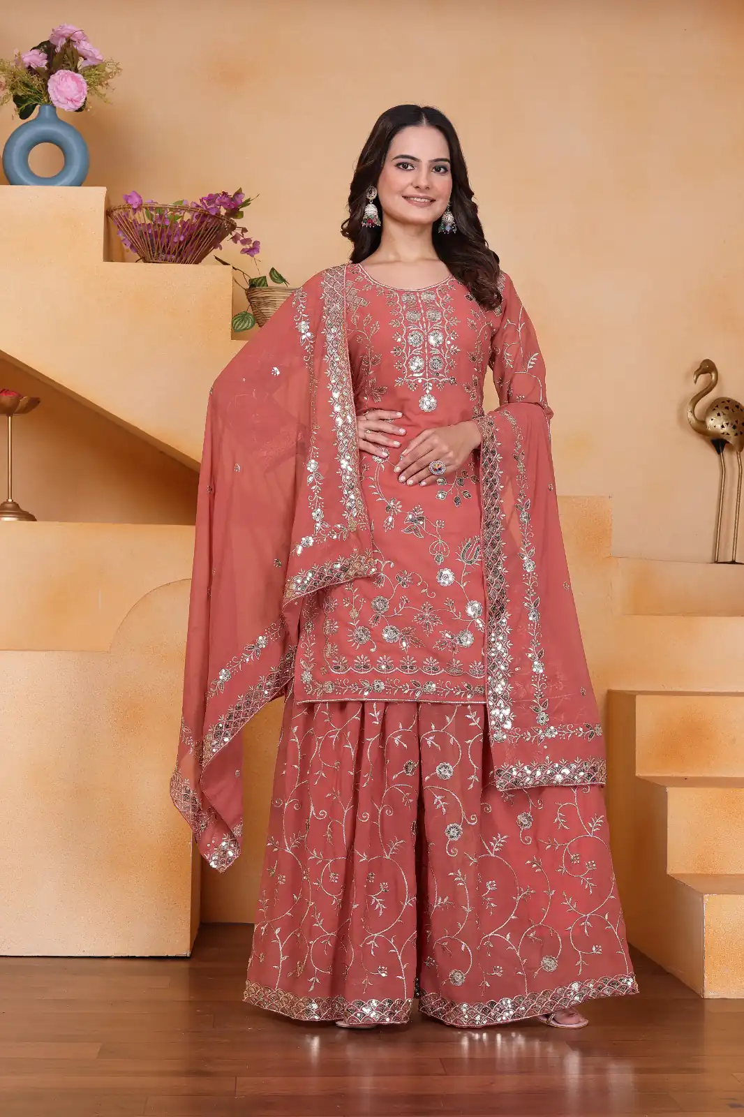 Peach Fox Georgette Embroidery Work Salwar Suit