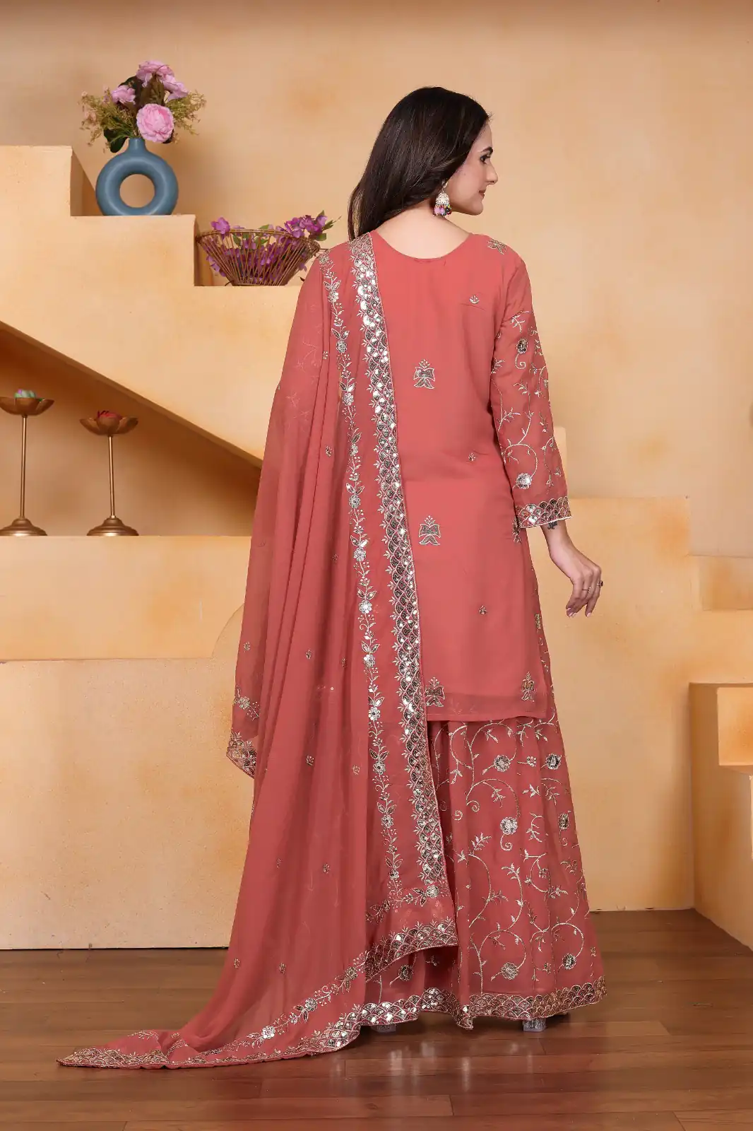 Peach Fox Georgette Embroidery Work Salwar Suit - Image 5
