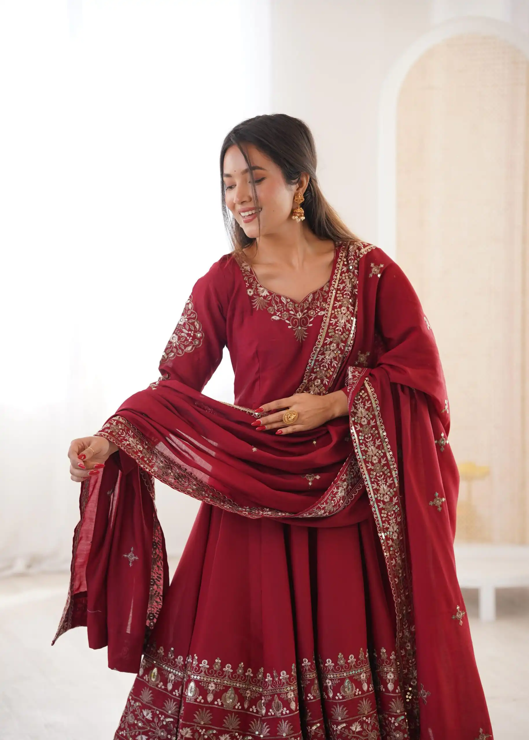 Maroon Roman Silk Embroidery Work Gown - Image 9