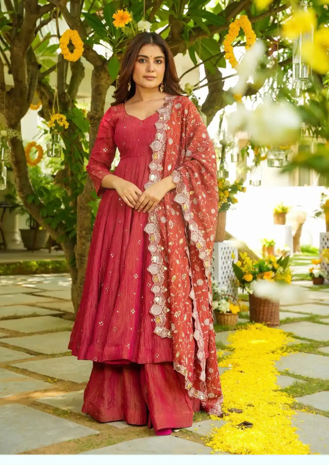Red Simmar Silk Embroidery Work Anarkali Suit