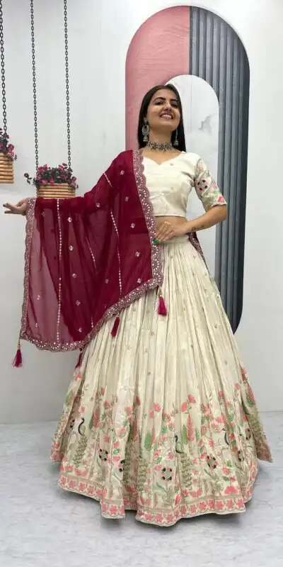 Red Tissue Silk Lace Thread Work Lehenga Choli