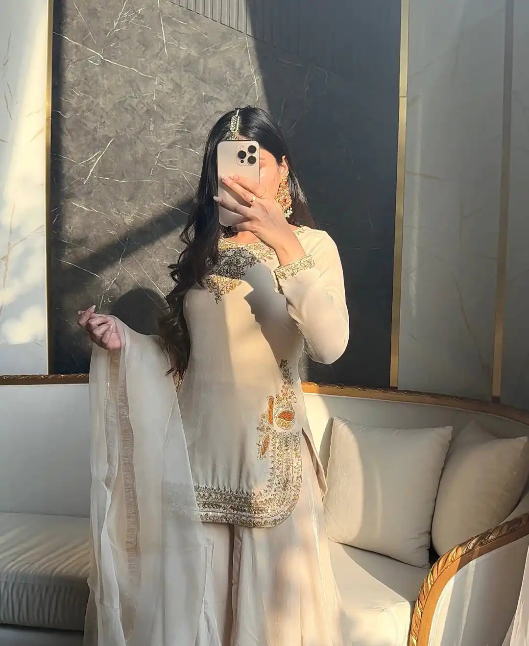 Off White Korean Satin Silk Embroidery Work Salwar Suit - Image 4