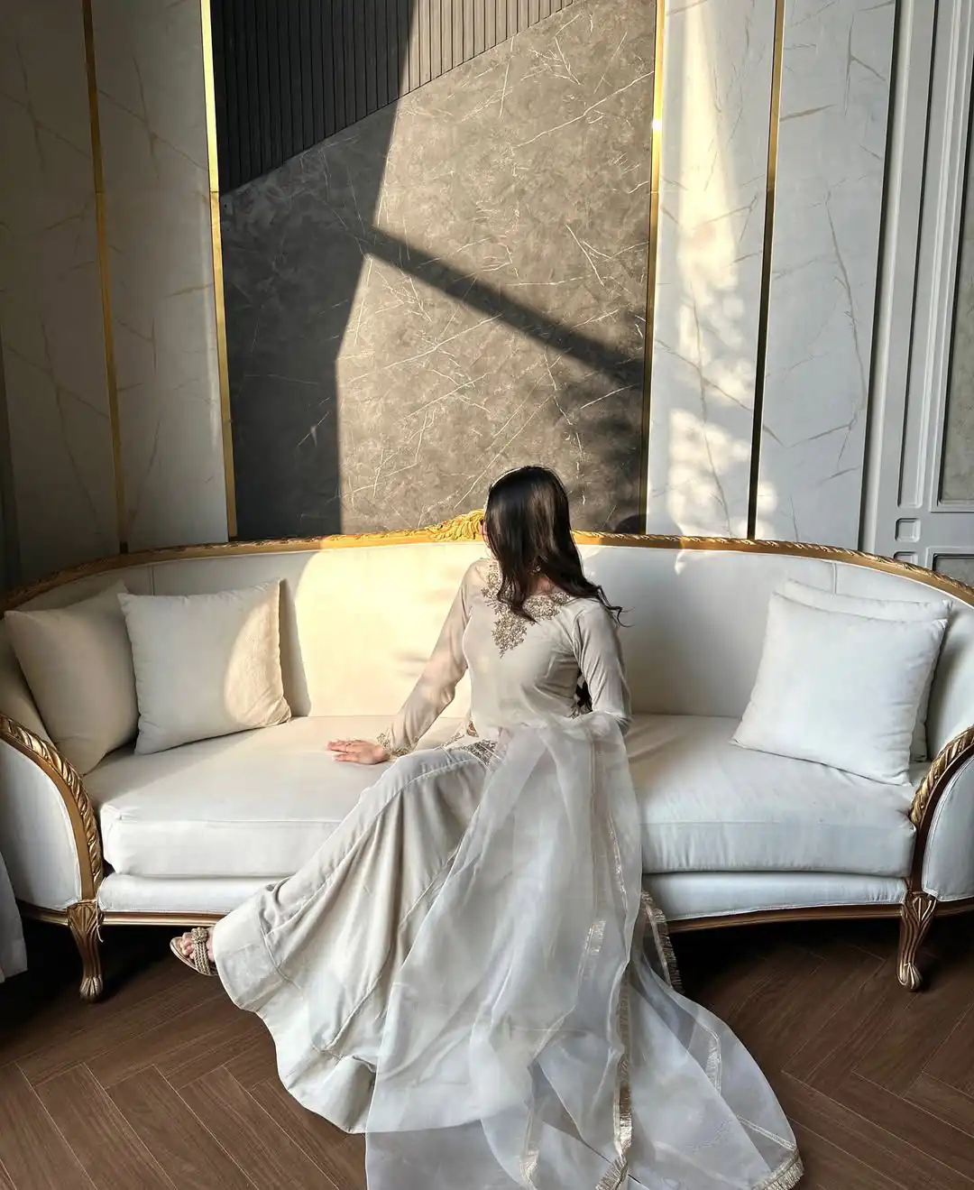 Off White Korean Satin Silk Embroidery Work Salwar Suit - Image 8