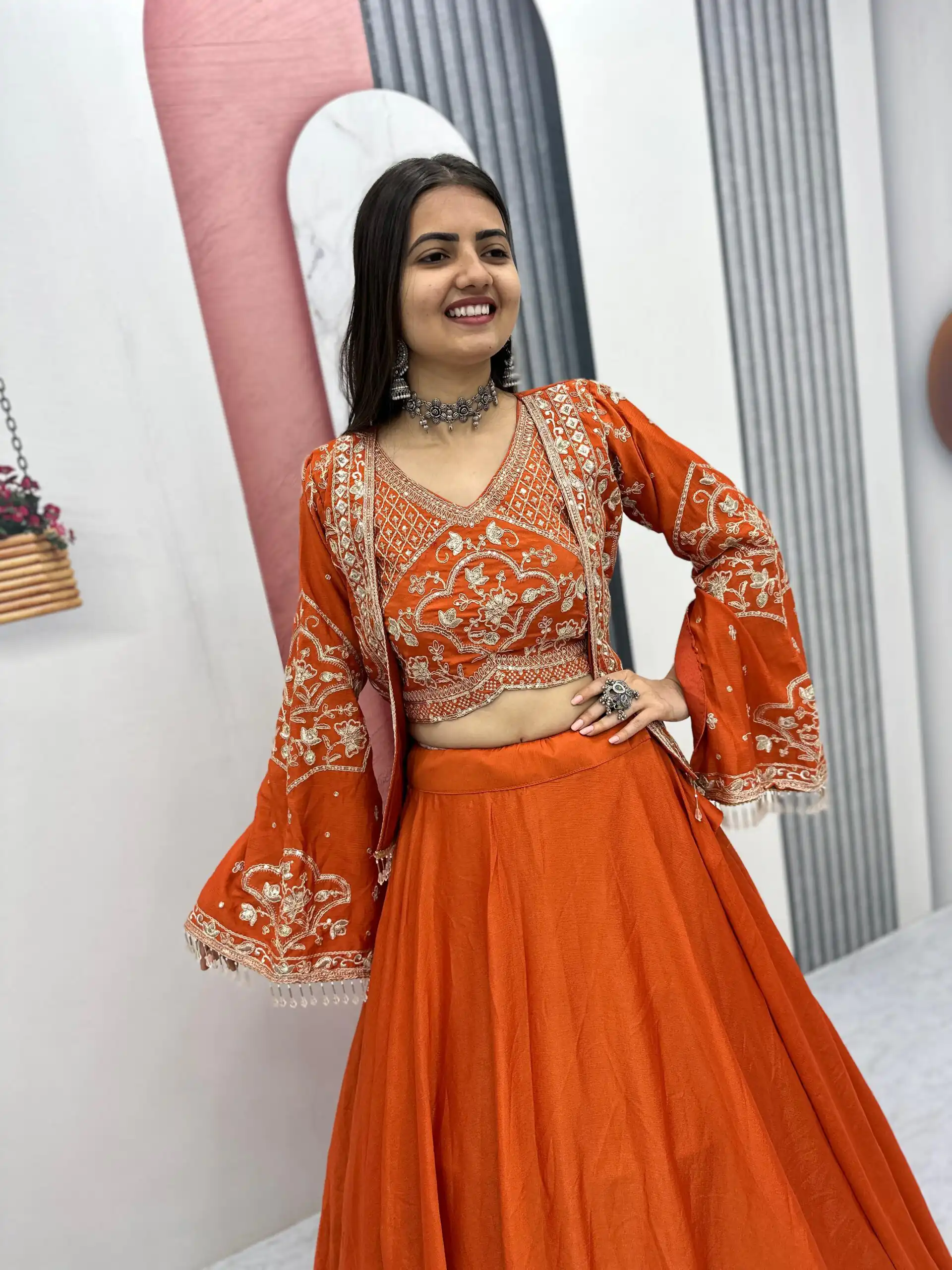 Orange Chinon Silk Thread Work Lehenga Choli - Image 2