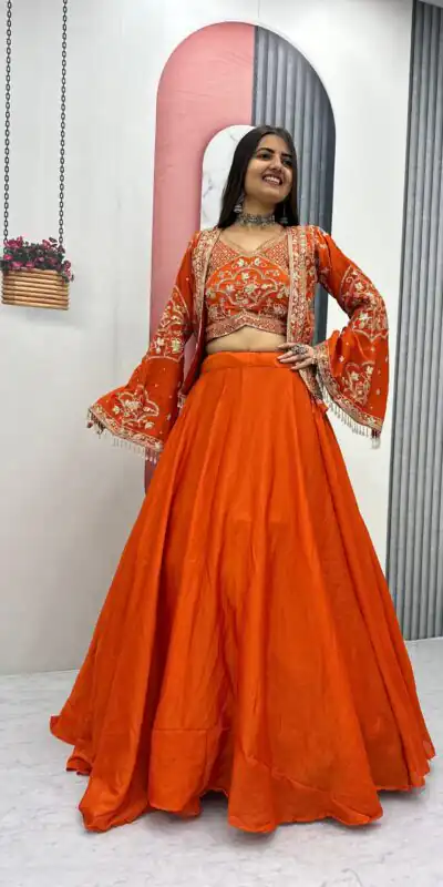 Orange Chinon Silk Thread Work Lehenga Choli