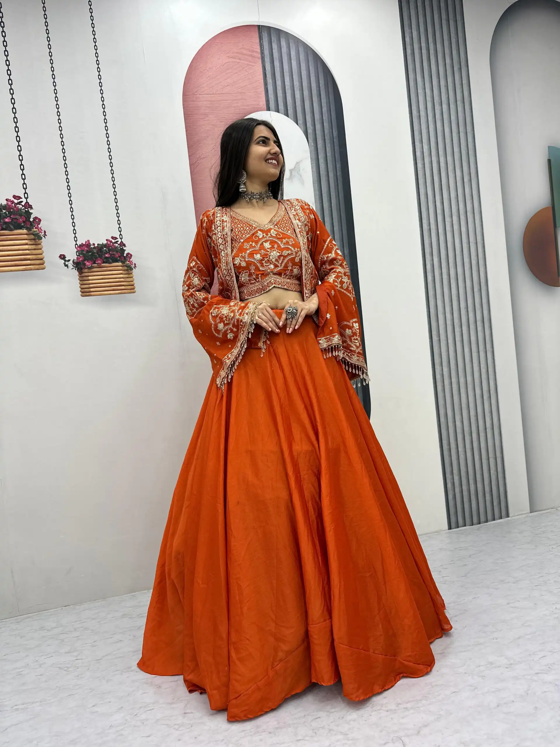 Orange Chinon Silk Thread Work Lehenga Choli - Image 5
