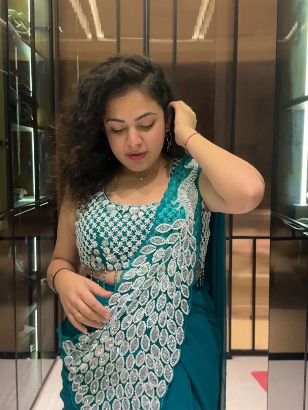 Teal Faux Georgette Embroider Sequins Work Saree - Image 2