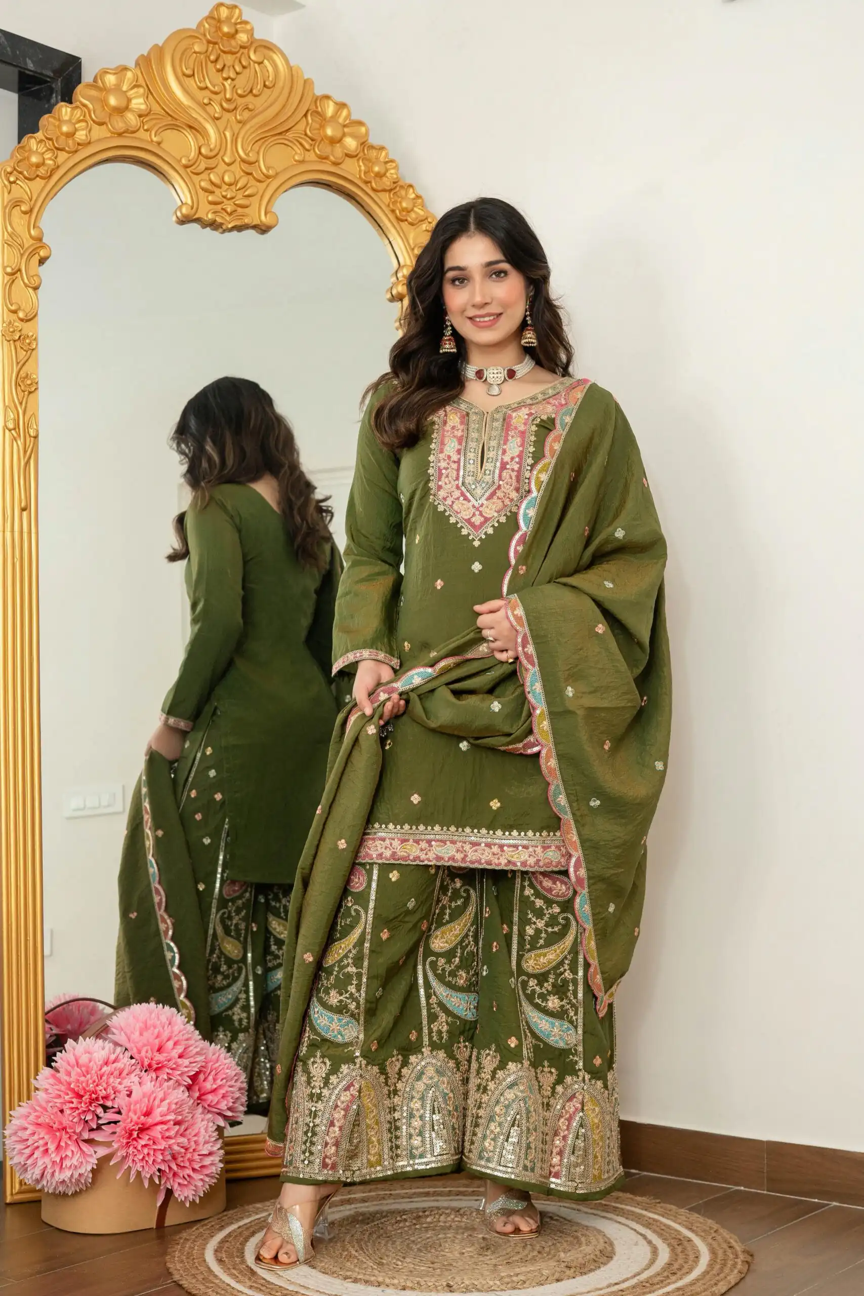 Mehendi Vichitra Silk Embroider Work Salwar Suit