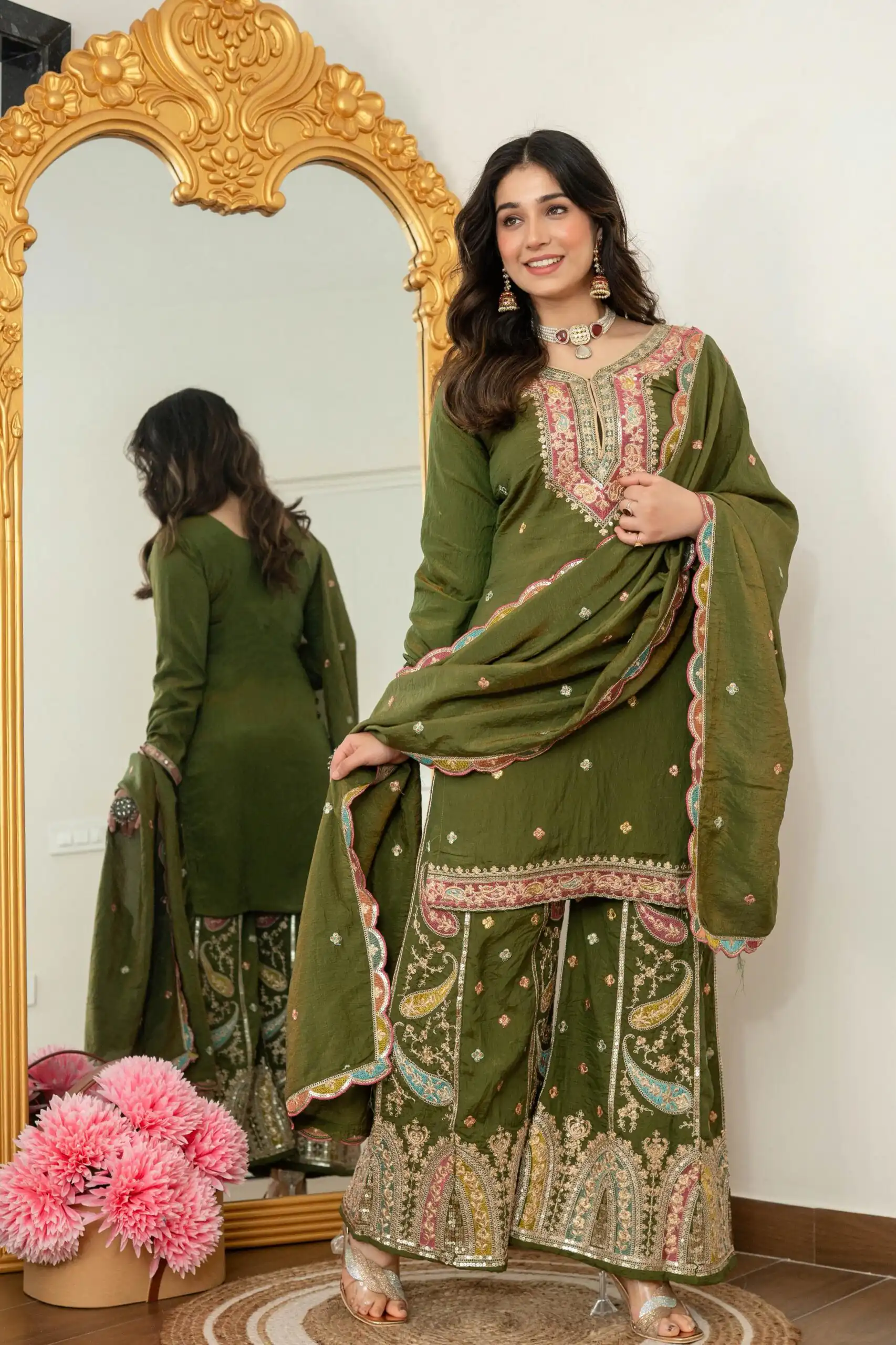 Mehendi Vichitra Silk Embroider Work Salwar Suit - Image 4