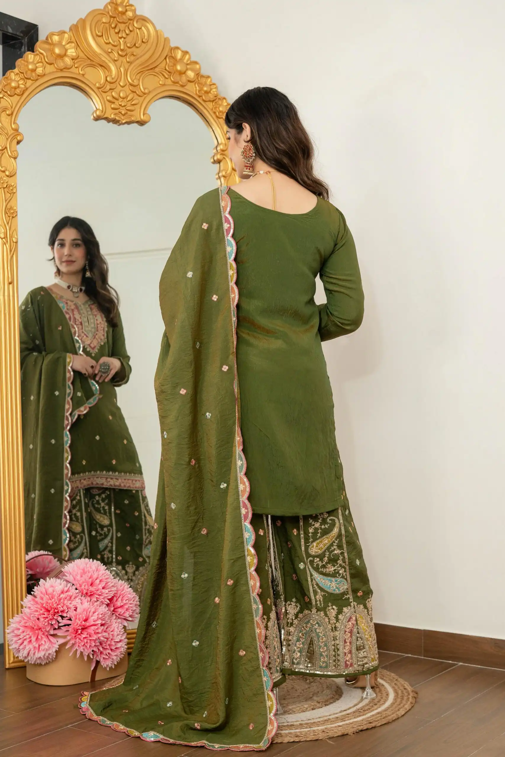Mehendi Vichitra Silk Embroider Work Salwar Suit - Image 7