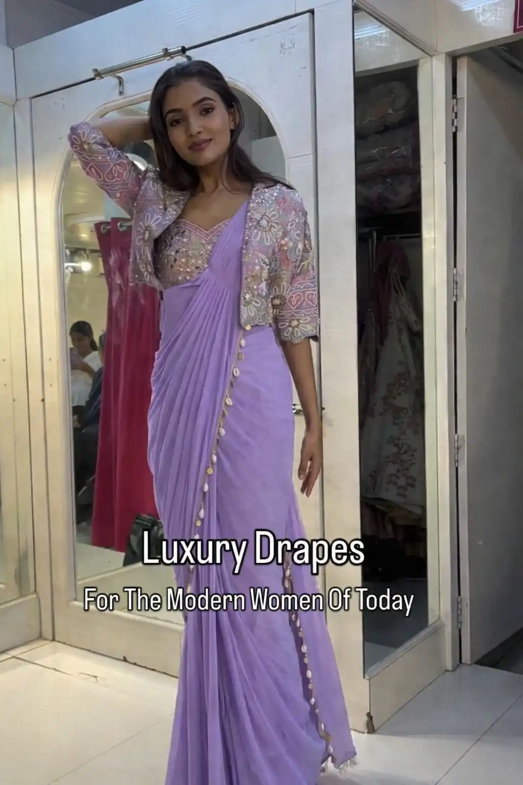 Lavender Crap Silk Embroidery Lace Work Saree - Image 2