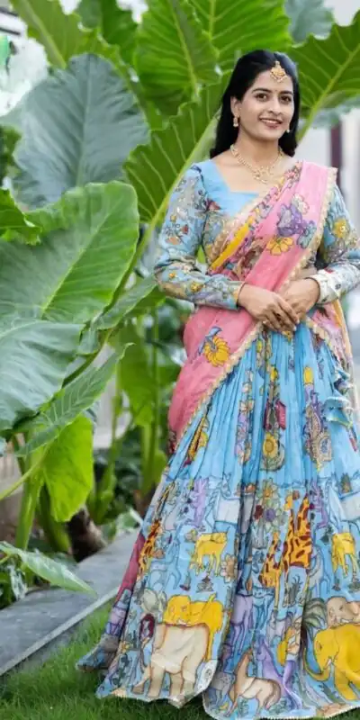 PC 546 Blue in Cotton. Kalamkari Print Lehenga Choli Wedding, Party, Festive, Events, Now at just ₹2099. Delivery 4-6 Working Days. Shop now. | Lehenga, Bollywood Lehenga, Creative Lehenga, Designer Lehenga, Embroidered Lehenga, Party Wear Lehenga