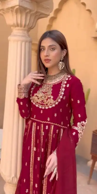 WW 1206 Red Color Fox Blooming Georgette Gown with Lace Work. Affordable Price ₹2399. Delivery 4-6 Working Days. Shop now. | Gowns, Bollywood Gowns, Creative Gowns, Designer Gowns, Embroidered Gowns, Party Wear Gowns