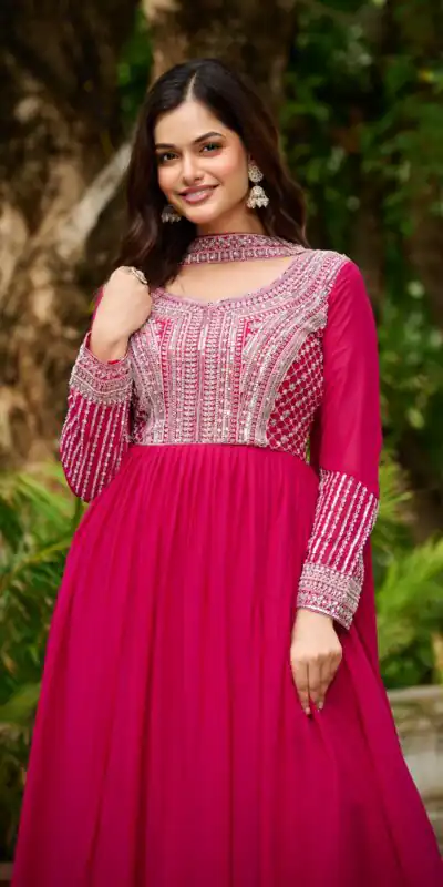 KA 1151 Pink Faux Georgette Gown Perfect for Wedding, Party, Makar Sankranti, Karwa Chauth, Ethnic Day – . Now at just ₹2399. Delivery 4-6 Working D | Gowns, Bollywood Gowns, Creative Gowns, Designer Gowns, Embroidered Gowns, Party Wear Gowns
