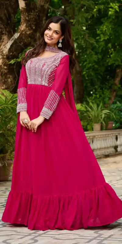 KA 1151 Pink Faux Georgette Gown Perfect for Wedding, Party, Makar Sankranti, Karwa Chauth, Ethnic Day – . Now at just ₹2399. Delivery 4-6 Working D | Gowns, Bollywood Gowns, Creative Gowns, Designer Gowns, Embroidered Gowns, Party Wear Gowns