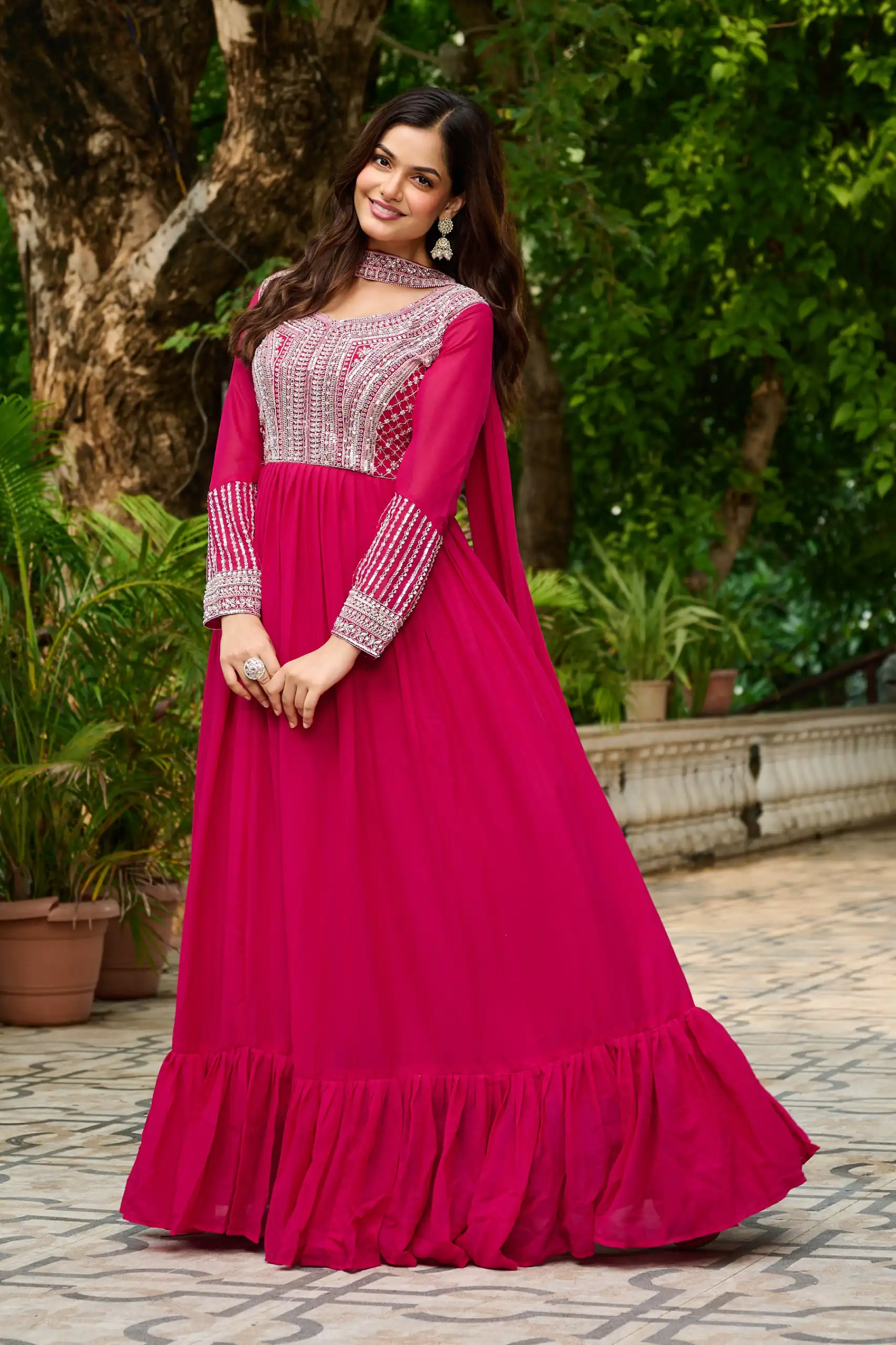 KA 1151 Pink Faux Georgette Gown Perfect for Wedding, Party, Makar Sankranti, Karwa Chauth, Ethnic Day – . Now at just ₹2399. Delivery 4-6 Working D | Gowns, Bollywood Gowns, Creative Gowns, Designer Gowns, Embroidered Gowns, Party Wear Gowns