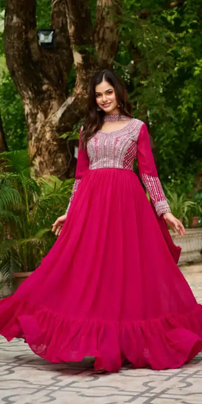 KA 1151 Pink Faux Georgette Gown Perfect for Wedding, Party, Makar Sankranti, Karwa Chauth, Ethnic Day – . Now at just ₹2399. Delivery 4-6 Working D | Gowns, Bollywood Gowns, Creative Gowns, Designer Gowns, Embroidered Gowns, Party Wear Gowns