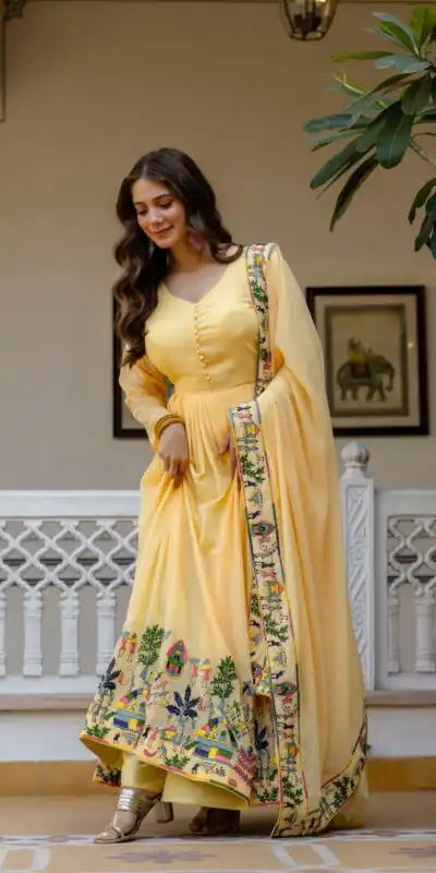 RR 41 Yellow Faux Georgette Gown Perfect for Wedding, Party, Makar Sankranti, Karwa Chauth, Ethnic Day – . Now at just ₹2599. Delivery 4-6 Working D | Gowns, Bollywood Gowns, Creative Gowns, Designer Gowns, Embroidered Gowns, Party Wear Gowns