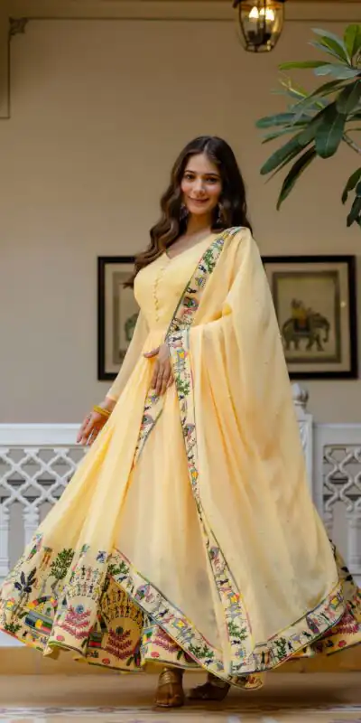 RR 41 Yellow Faux Georgette Gown Perfect for Wedding, Party, Makar Sankranti, Karwa Chauth, Ethnic Day – . Now at just ₹2599. Delivery 4-6 Working D | Gowns, Bollywood Gowns, Creative Gowns, Designer Gowns, Embroidered Gowns, Party Wear Gowns