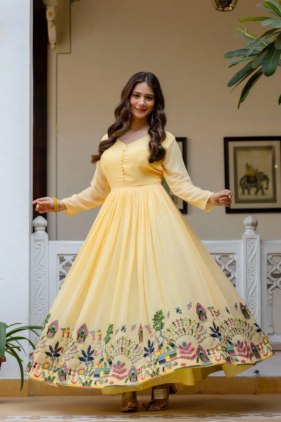 RR 41 Yellow Faux Georgette Gown Perfect for Wedding, Party, Makar Sankranti, Karwa Chauth, Ethnic Day – . Now at just ₹2599. Delivery 4-6 Working D | Gowns, Bollywood Gowns, Creative Gowns, Designer Gowns, Embroidered Gowns, Party Wear Gowns