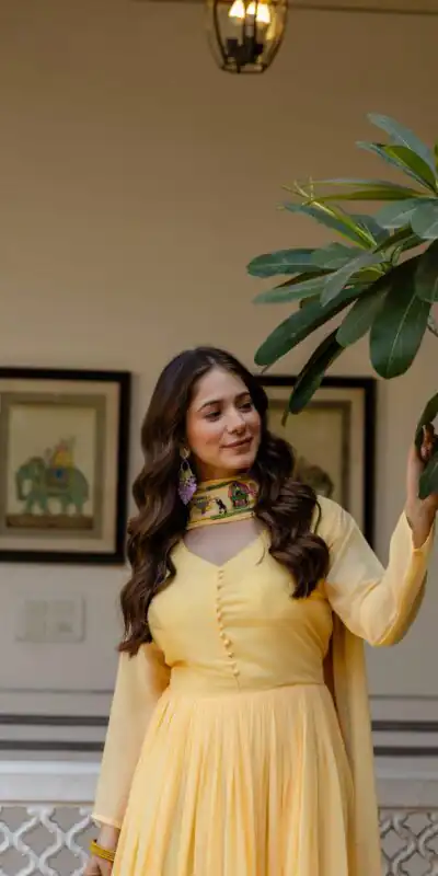 RR 41 Yellow Faux Georgette Gown Perfect for Wedding, Party, Makar Sankranti, Karwa Chauth, Ethnic Day – . Now at just ₹2599. Delivery 4-6 Working D | Gowns, Bollywood Gowns, Creative Gowns, Designer Gowns, Embroidered Gowns, Party Wear Gowns