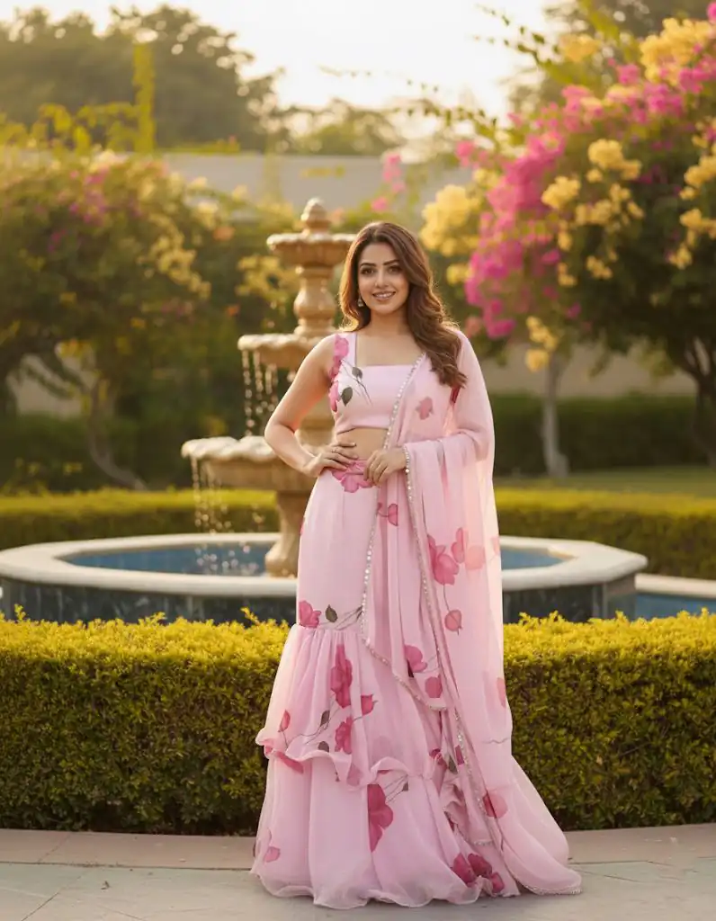 Baby Pink Premium Faux Georgette Saree BD 1805 Baby Pink with Digital Print. Now at just ₹2049. Delivery 4-6 Working Days. Shop now. | Sarees, Bollywood Sarees, Creative Sarees, Designer Sarees, Embroidered Sarees, Ethnic Saree, Modern Digital sarees, Party Wear Sarees