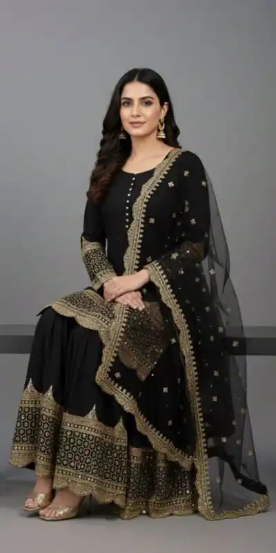 ZF 250 Black Color Faux Georgette Embroidery Sequence Work Sharara Suit Wedding, Party, Festive, Events Etc. Expected Delivery 4-6 Working Days @2099/- | Jump Suits, Salwar suit, Casual Suits, Creative suits, Designer Suits, Palazzo Suits, Party Wear Suits, Patiala Suits, Straight Suits