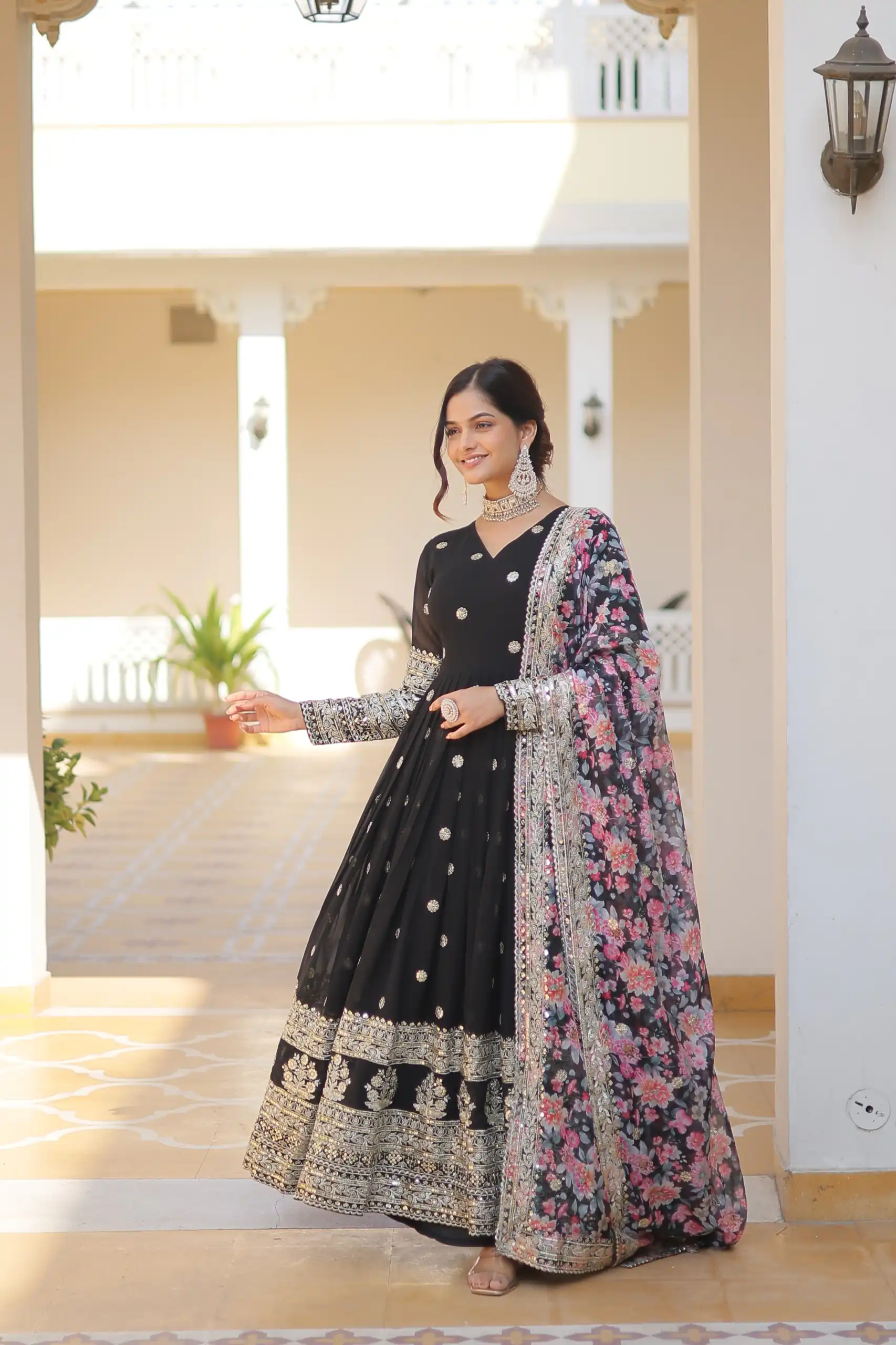 Black Faux Georgette With Embroidery Work Gown - Image 4