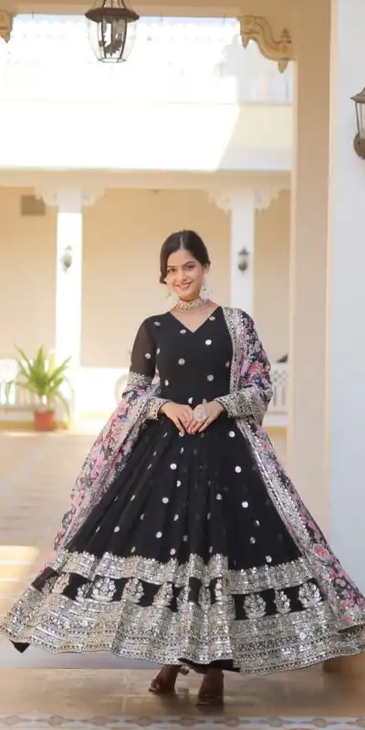 KA 1078 Black Faux Georgette Gown Perfect for Wedding, Party, Makar Sankranti, Karwa Chauth, Ethnic Day β . Now at just βΉ3349. Delivery 4-6 Working D | Gowns, Bollywood Gowns, Creative Gowns, Designer Gowns, Embroidered Gowns, Party Wear Gowns