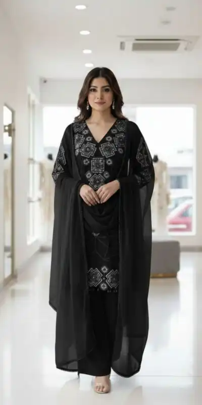 LG 2063 Black Faux Georgette Salwar Suit with Sequins Work & Embroidery Work. Introductory Price ₹2149. Delivery 4-6 Working Days. Shop now. | Jump Suits, Salwar suit, Casual Suits, Creative suits, Designer Suits, Palazzo Suits, Party Wear Suits, Patiala Suits, Straight Suits