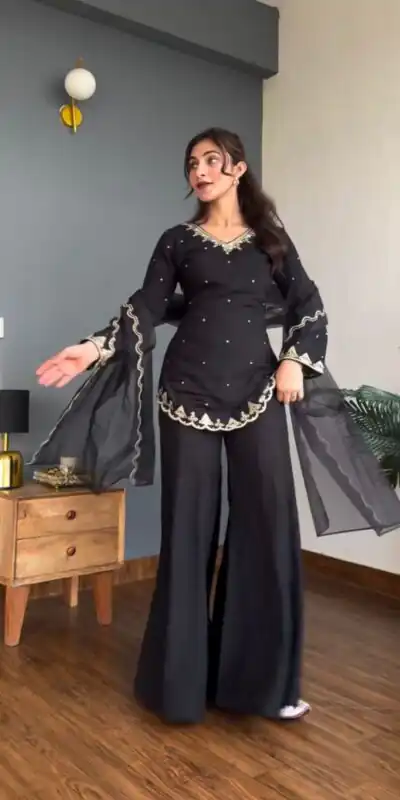 Black Natural Crap Silk With Embroider Salwar Suit