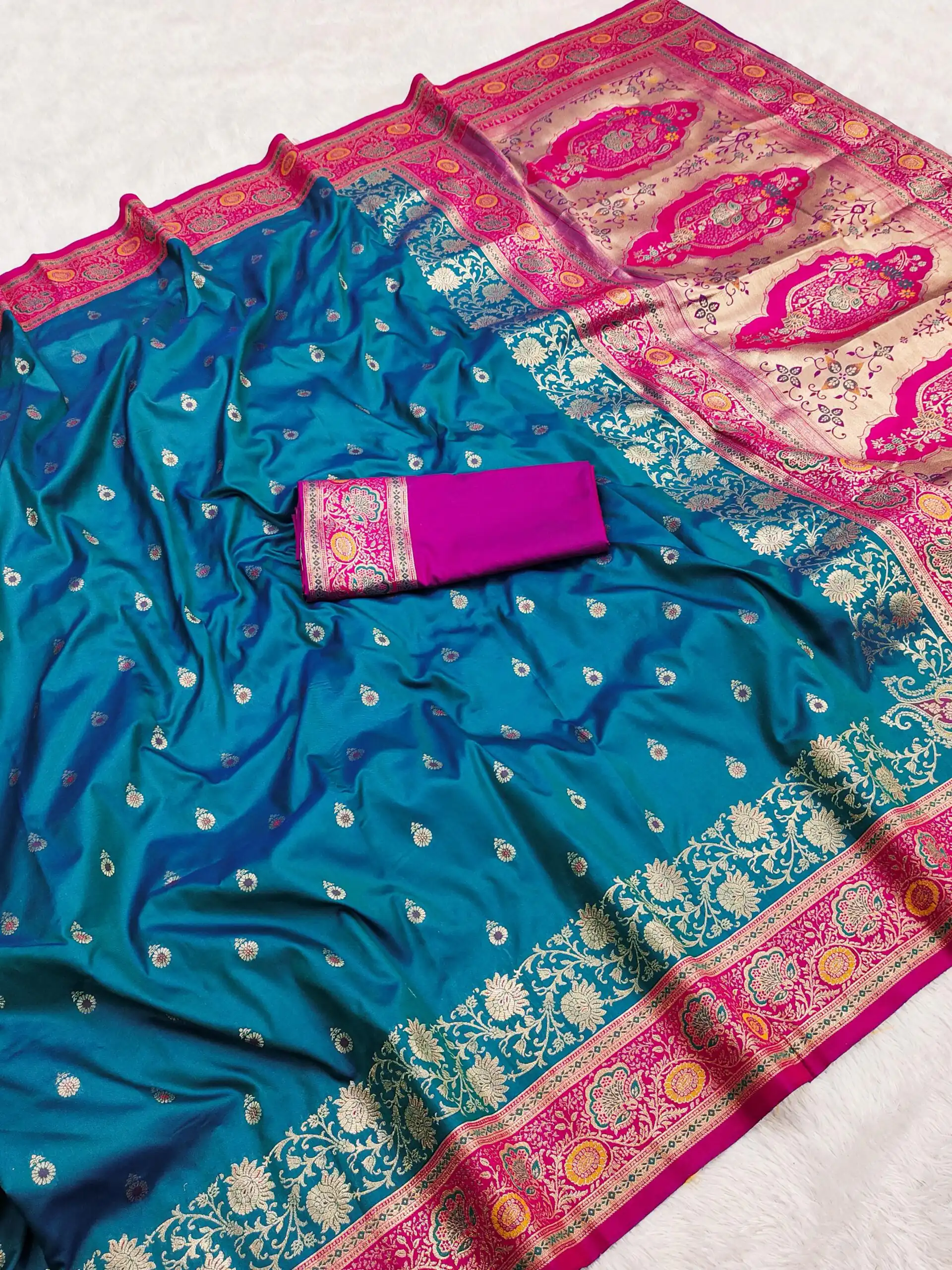 Blue Banarasi Silk Gold Zari Border Saree