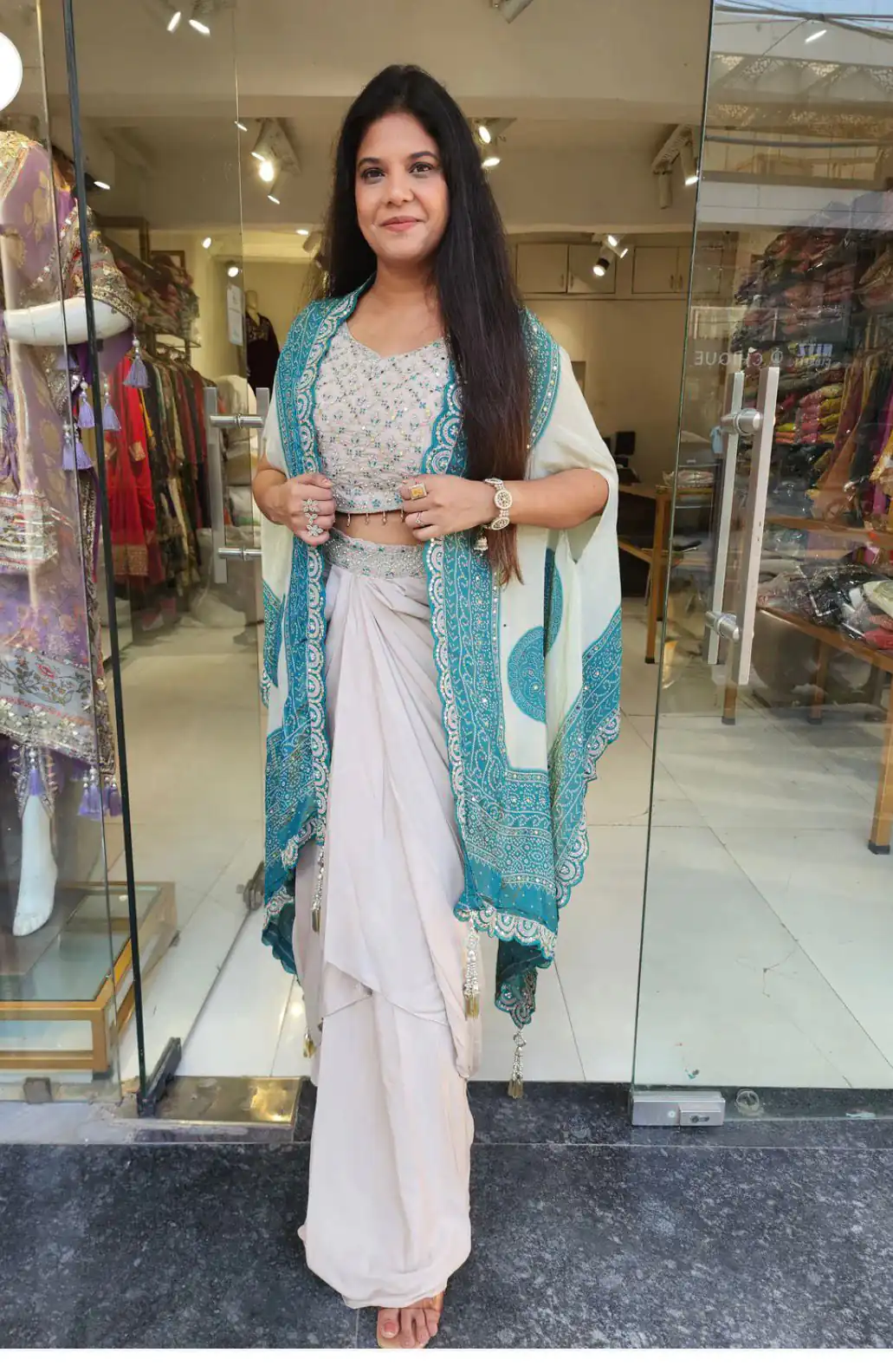 Blue Crap Silk Embroidery Mirror Work Dhoti Suit - Image 2