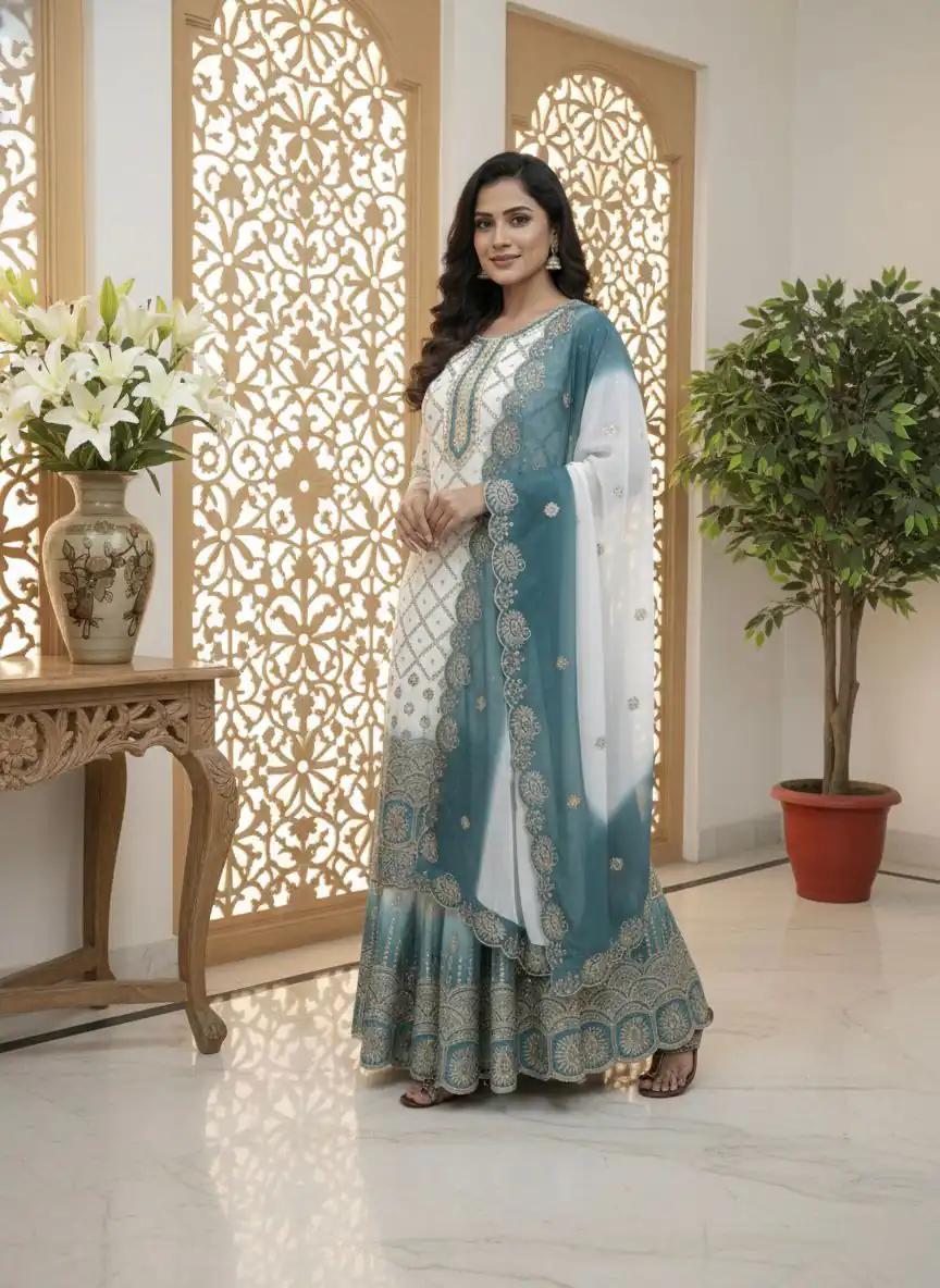 AD 223 Blue Dual Tone Star Georgette Salwar Suit with Embroidery Work. Get it for ₹2399. Delivery 4-6 Working Days. Shop now. | Jump Suits, Salwar suit, Casual Suits, Creative suits, Designer Suits, Palazzo Suits, Party Wear Suits, Patiala Suits, Straight Suits