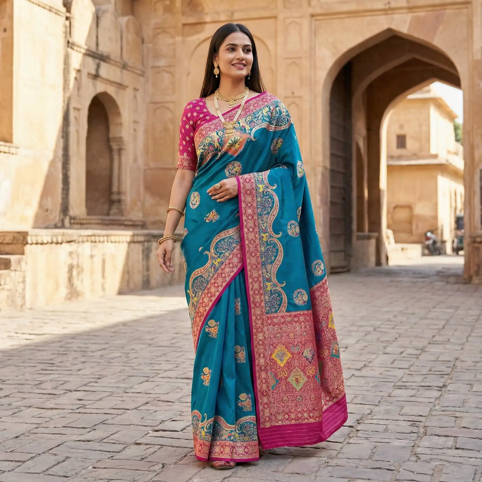Blue Pashmina Silk Woven Lace Border Saree