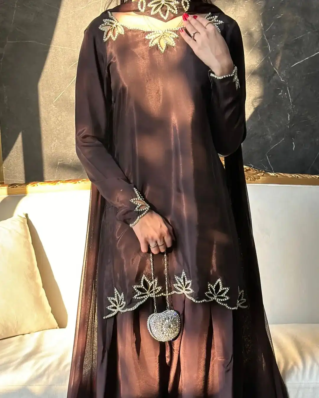 Brown Natural Crep Embroidery Work Salwar Suit