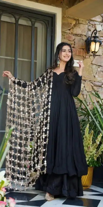 JF 036 Black Color Classic Roman Silk Gown with Embroidery Work. Available at ₹2599 only. Delivery 4-6 Working Days. Shop now. | Gowns, Bollywood Gowns, Creative Gowns, Designer Gowns, Embroidered Gowns, Party Wear Gowns