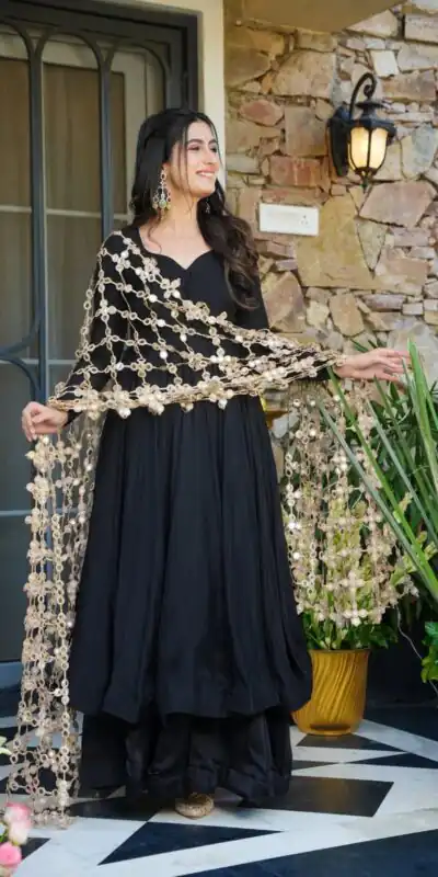 JF 036 Black Color Classic Roman Silk Gown with Embroidery Work. Available at ₹2599 only. Delivery 4-6 Working Days. Shop now. | Gowns, Bollywood Gowns, Creative Gowns, Designer Gowns, Embroidered Gowns, Party Wear Gowns