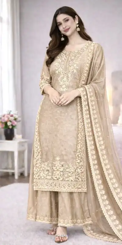 SSR 535 Chiku Color in Organza Silk Embroidery Work Salwar Suit . Available at ₹2399 only. Delivery 4-6 Working Days. Shop now. | Jump Suits, Salwar suit, Casual Suits, Creative suits, Designer Suits, Palazzo Suits, Party Wear Suits, Patiala Suits, Straight Suits