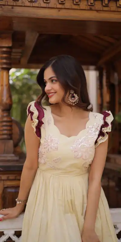 KA 1234 Cream Color Cotton Gown with Sequins Work & Embroidery Work. Festive Deal ₹1819. Delivery 4-6 Working Days. Shop now. | Gowns, Bollywood Gowns, Creative Gowns, Designer Gowns, Embroidered Gowns, Party Wear Gowns