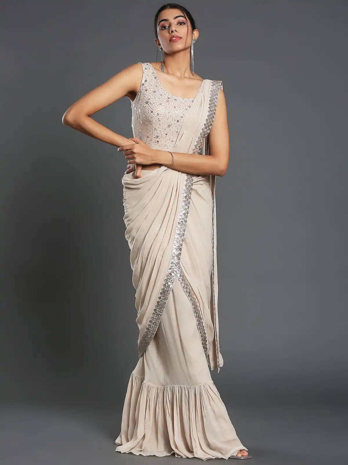 Cream Georgette Sequence Work Frill Saree - Image 2