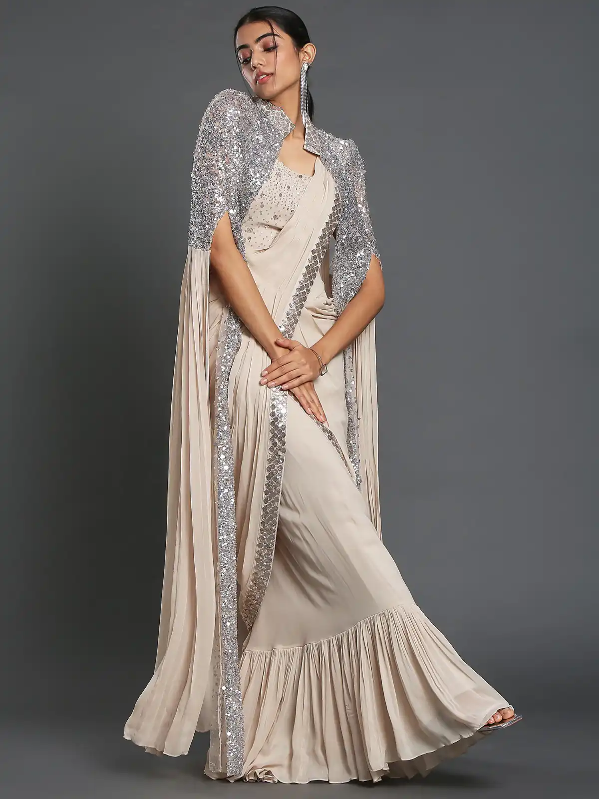 Cream Georgette Sequence Work Frill Saree - Image 5